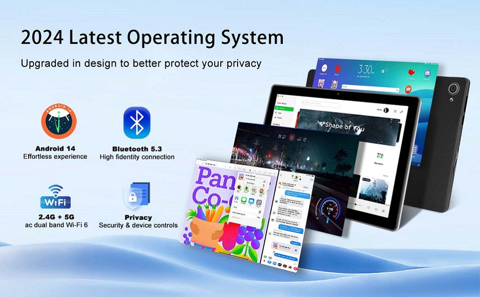 10.1 Inch Android 14 Tablet 8GB RAM+64GB ROM FHD IPS 8MP+5MP 5000mAh GMS Certification Widevine L1 Facciale ID OTG 5G+2.4G WiFi6