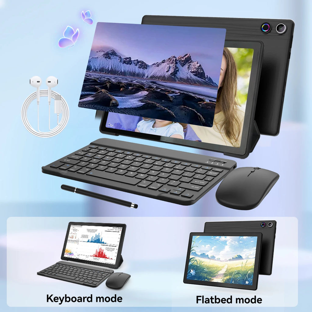 10.1 Inch Android 14 Tablet 12GB RAM 64GB ROM Face Unlock IPS HD Screen with Protective Case Stylus Keyboard Mouse Headphones