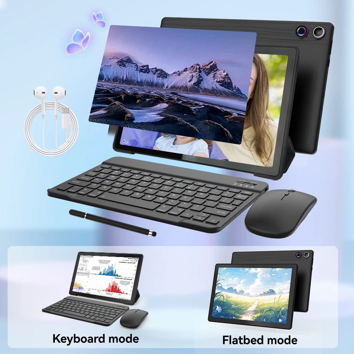 10.1 Inch Android 14 Tablet 12GB RAM 64GB ROM Face Unlock IPS HD Screen with Protective Case Stylus Keyboard Mouse Headphones