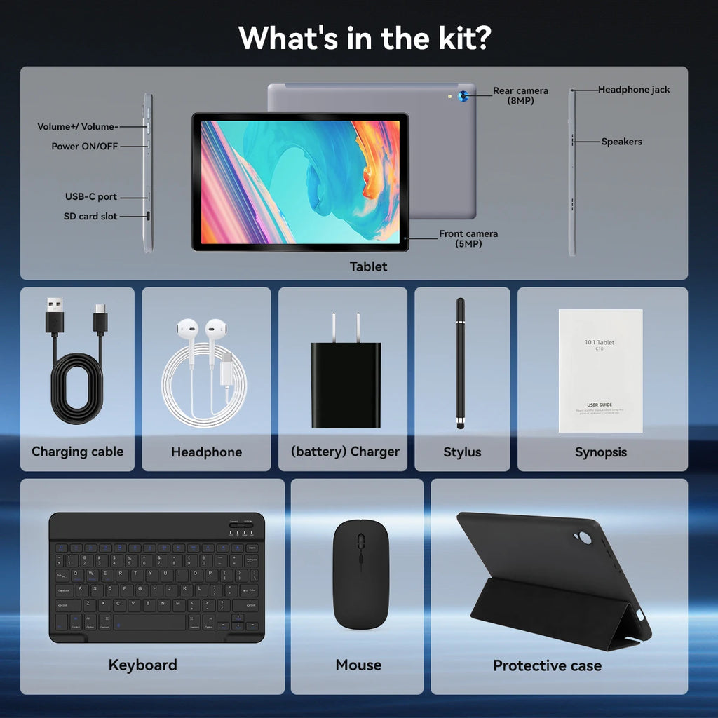 10 Inch Tablet Android 14 16GB RAM 128GB ROM 1TB Expand Octa-Core Widevine L1 With Stylus Keyboard Mouse for Work, Leran
