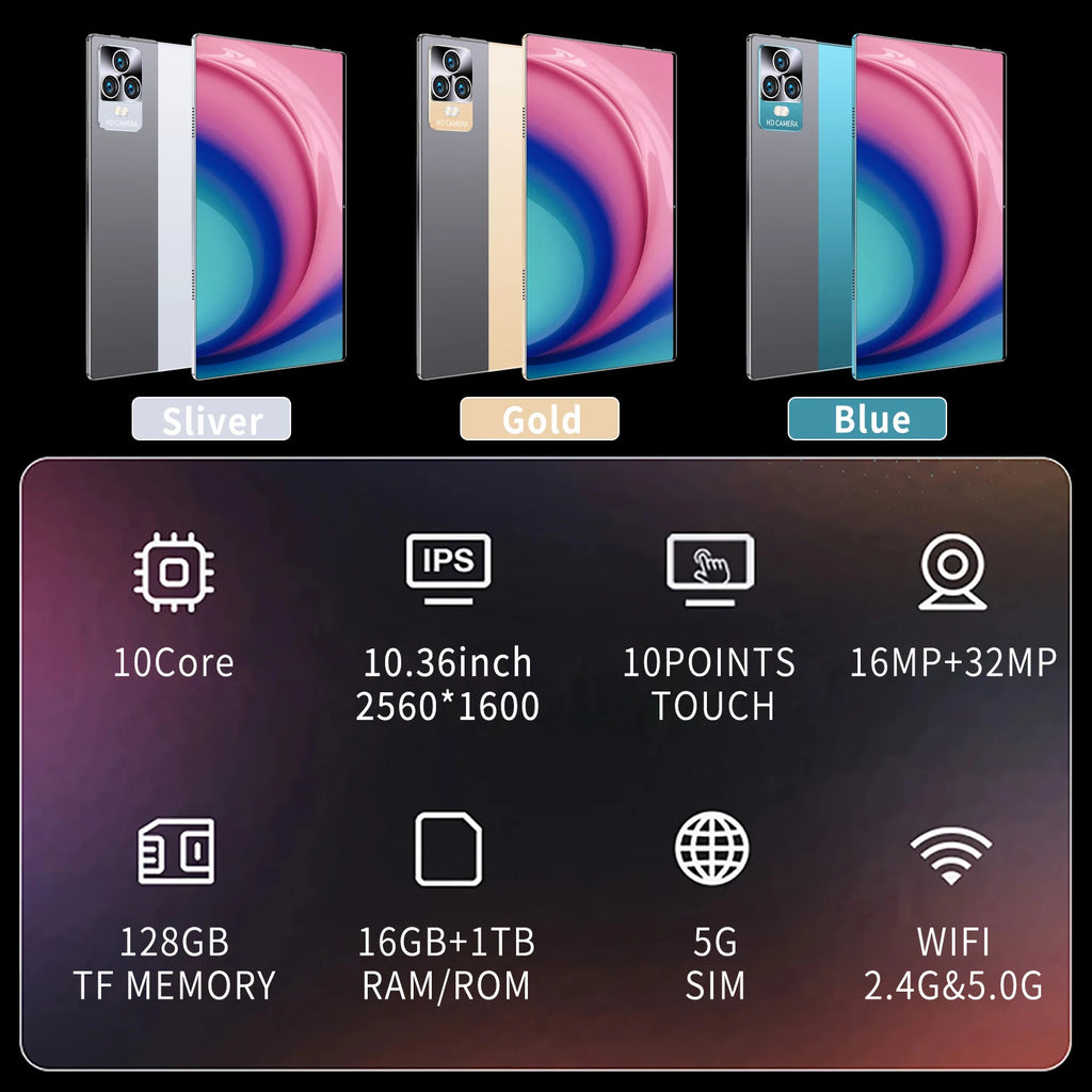 2025 New 5G Dual SIM Card Tablet Type-C Android 13.0  16GB RAM 1TB ROM  MTK6797 10.36-inch Tablet PC Dual Cameras  WiFi
