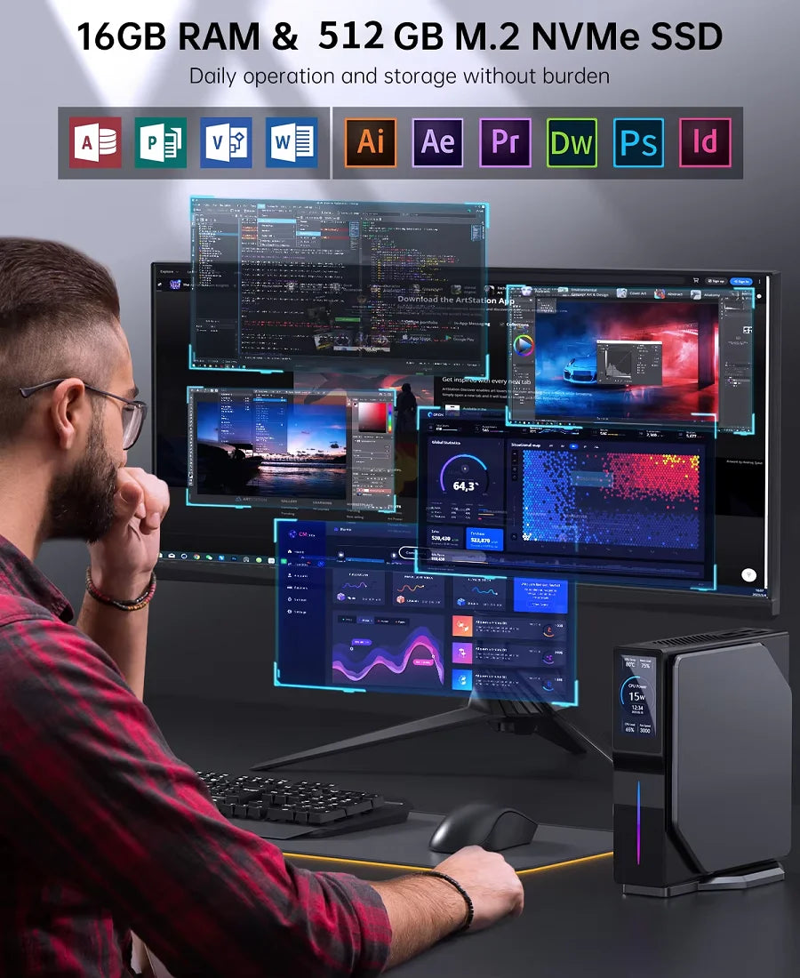 Intel 12th Gen Alder Lake N150 Mini PC M.2 NVMe SSD Mini Computer Gaming Computer LCD Screen Vertical Mini Tower