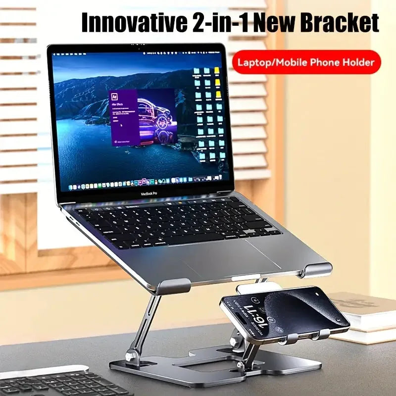 2 In 1 Laptop Stand, With Phone Holder, Adjustable Steel Laptop Stand For Desk, Ergonomic Foldable Portable Desktop Laptoprise