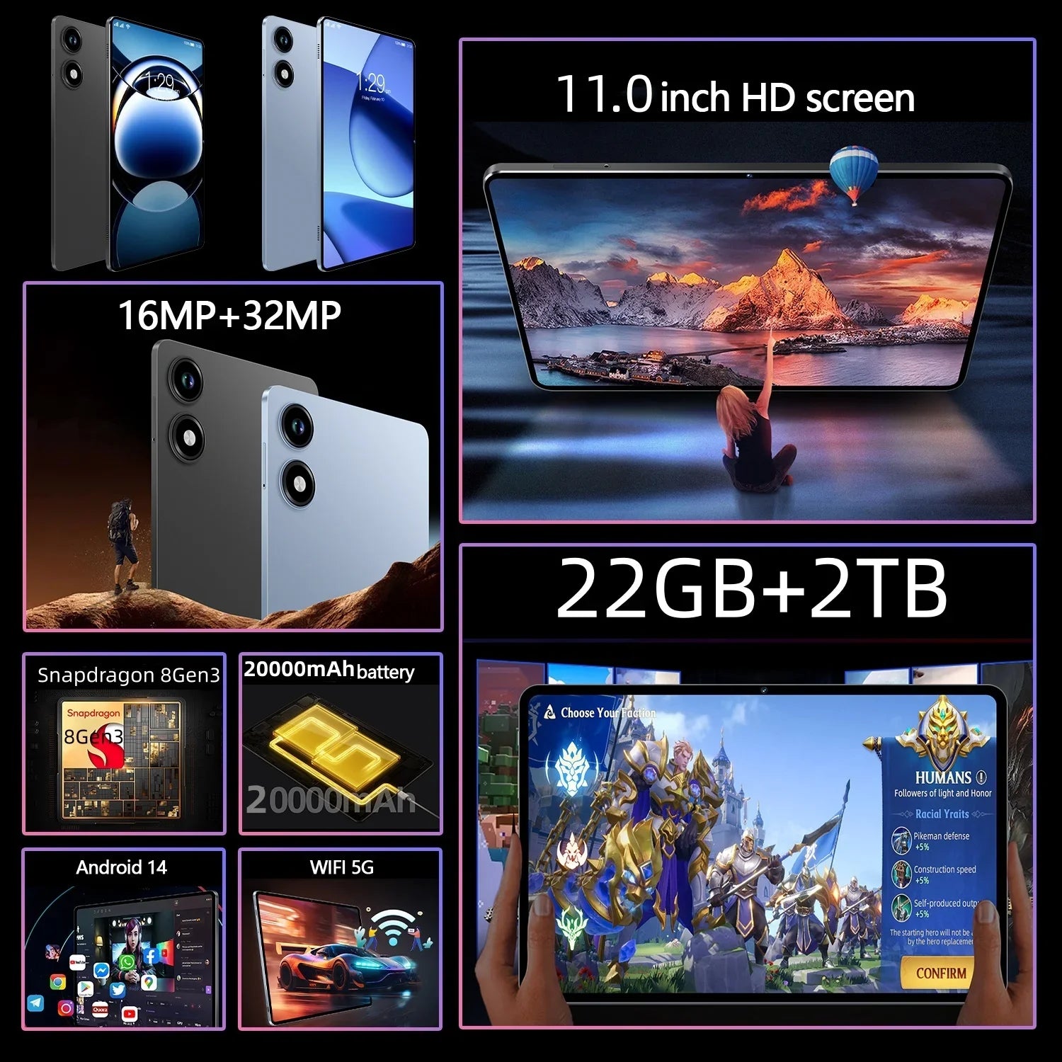 2025Global Version New Original PAD S7 PRO Tablet 11inch HD 4K Android 14 22GB+2T 20000mAh 5G Dual SIM GPS Bluetooth WiFi Tablet