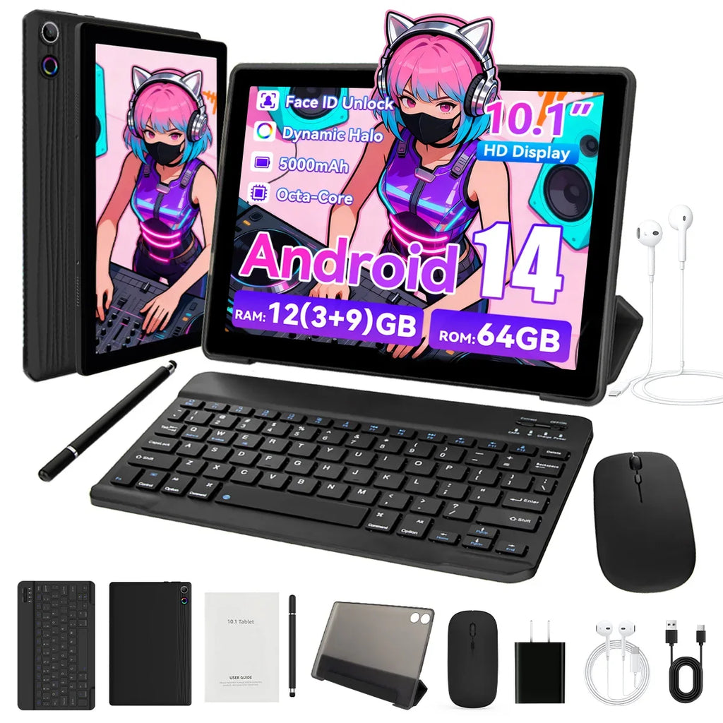 10Inch Tablet Android14 12GB RAM 64GB ROM Octa Core WiFi Dual Camera with Stylus Keyboard Mouse Headphones Case Computer PAD Set