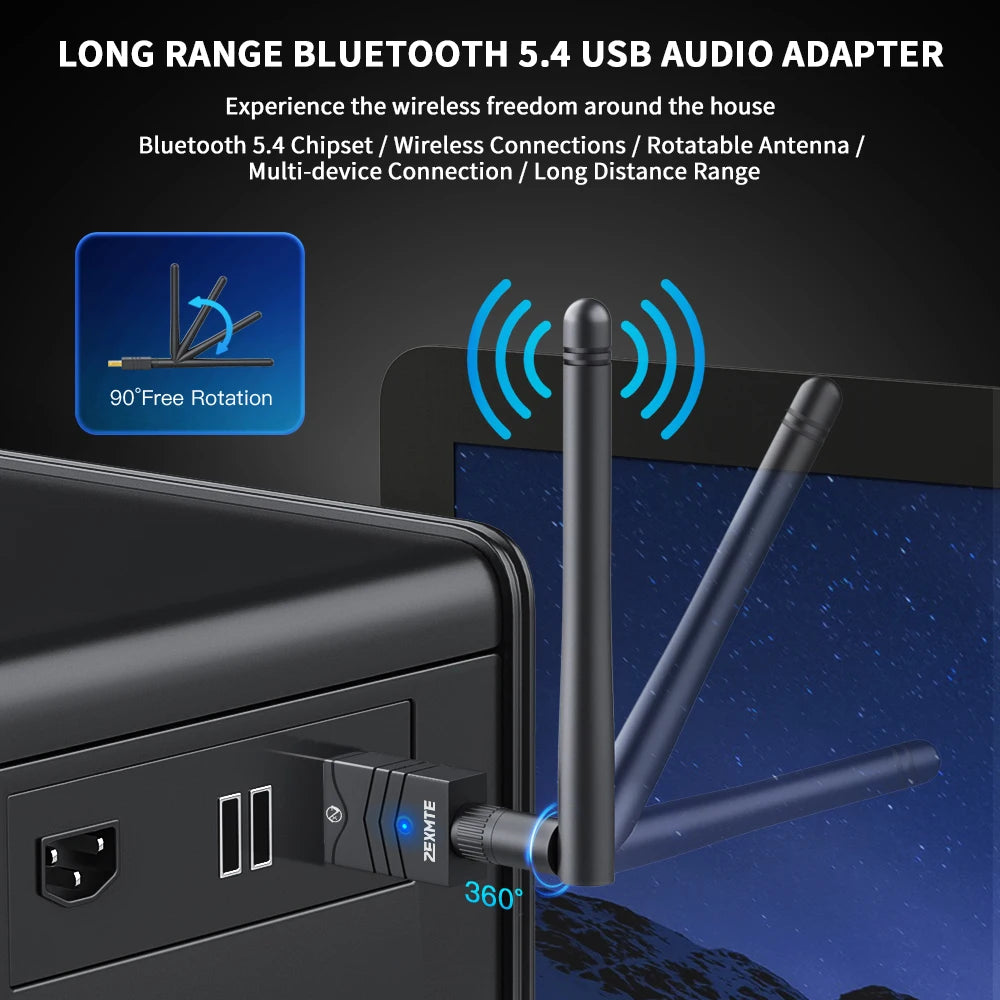 150M Bluetooth 5.4 Adapter USB Bluetooth Dongle Driver Free for Windows 11/10/8.1 Mouse Keyboard Audio Receiver Transmitter