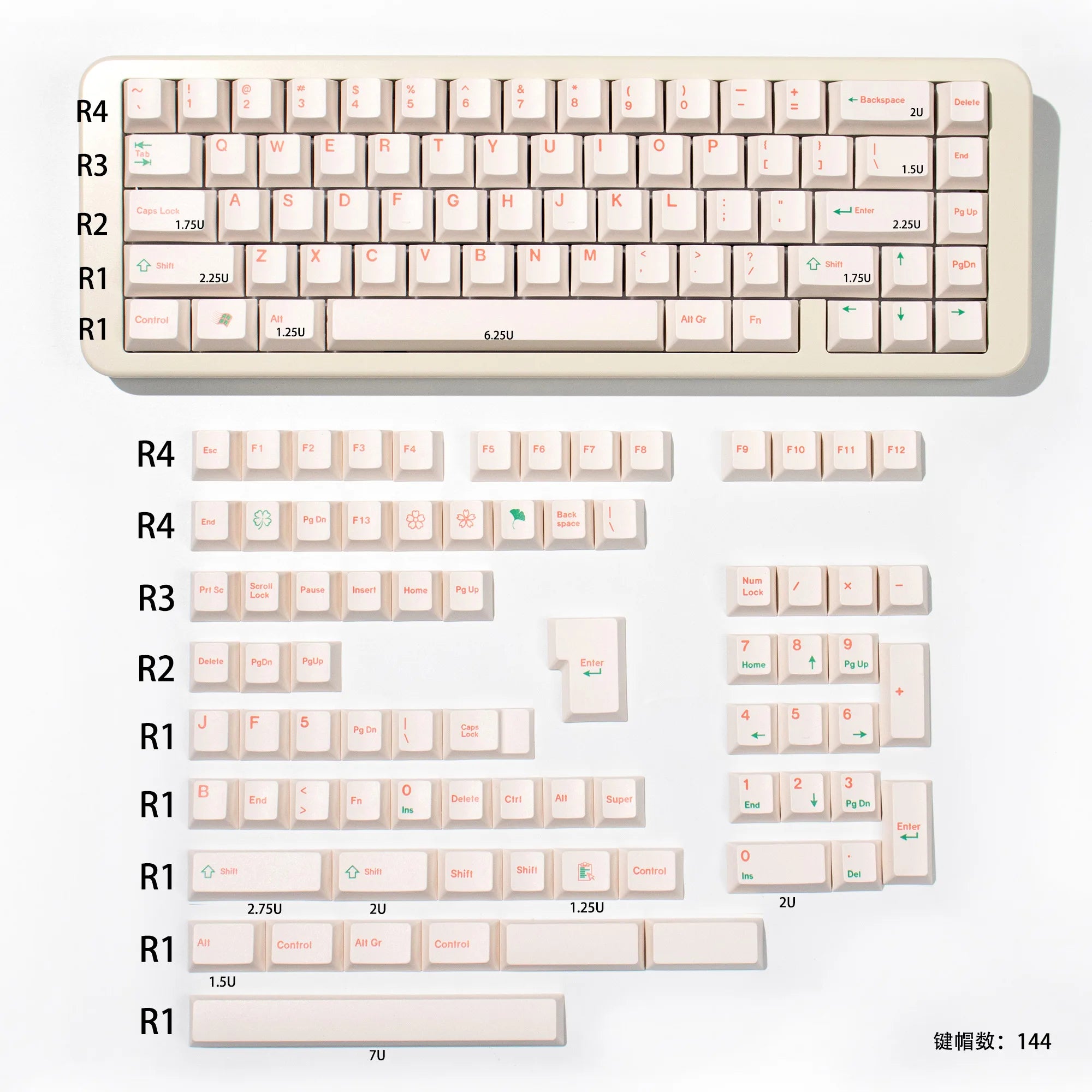 144 Keys PBT Keycaps Cherry Profile Dye-Sublimated Keycap Set Red Green Font Korea English keycaps for Mechanical Keyboard Kit