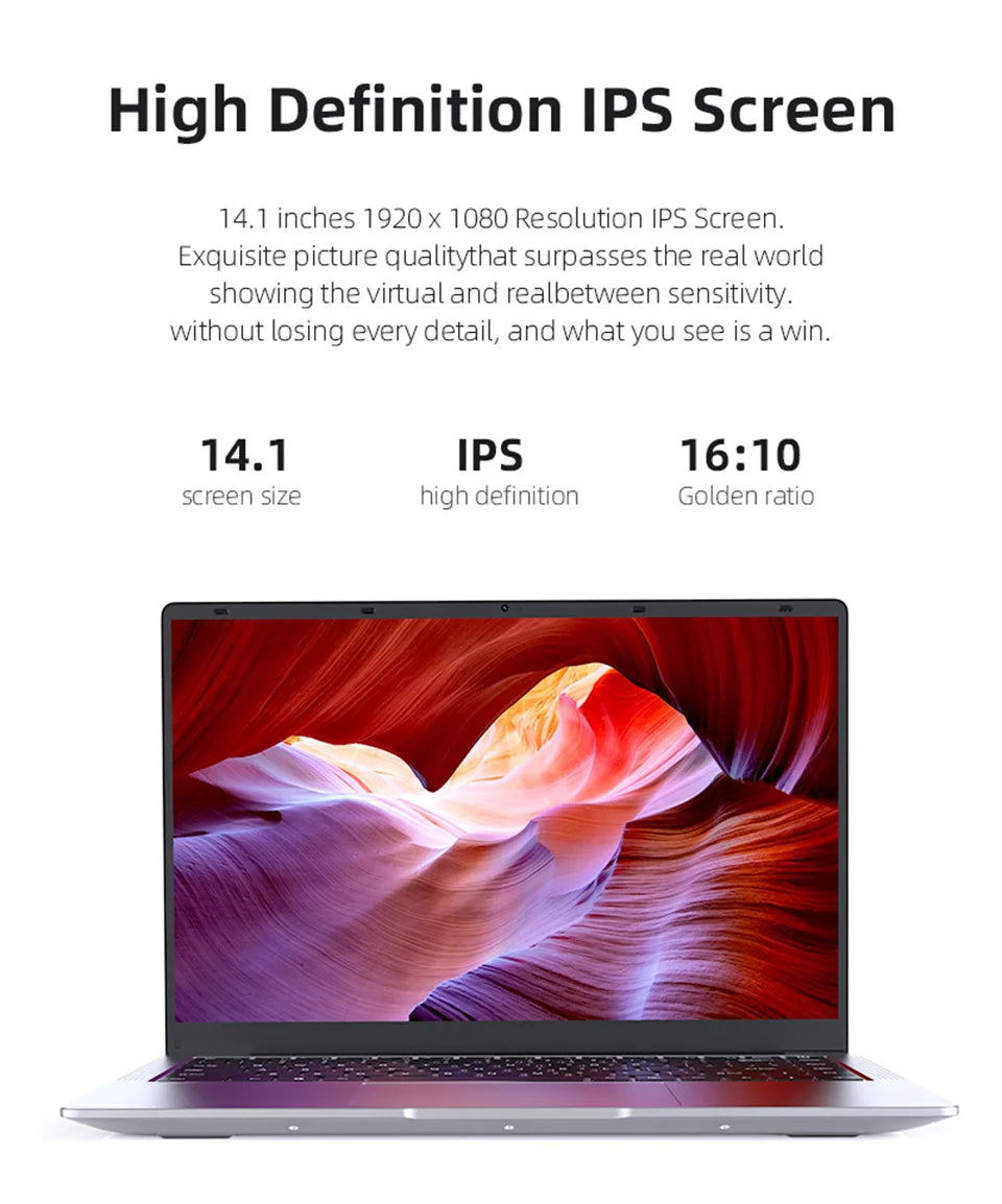 14.1" Ultra Slim Windows 11 Pro Laptop Computer intel Atom A3950 12GB RAM 1TB 2TB SSD Notebook PC 1080P HD Office Study Laptops