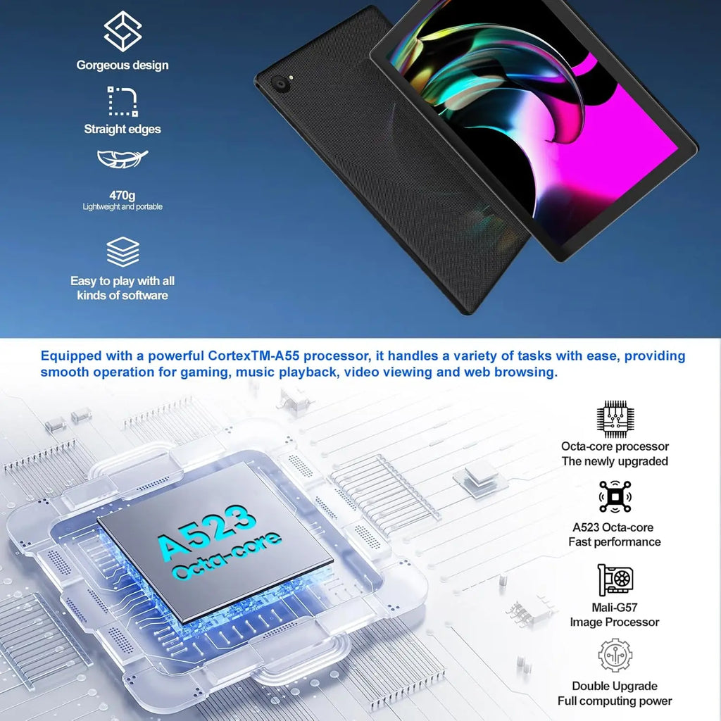 10.1 Inch Android 14 Tablet 8GB RAM+64GB ROM FHD IPS 8MP+5MP 5000mAh GMS Certification Widevine L1 Facciale ID OTG 5G+2.4G WiFi6