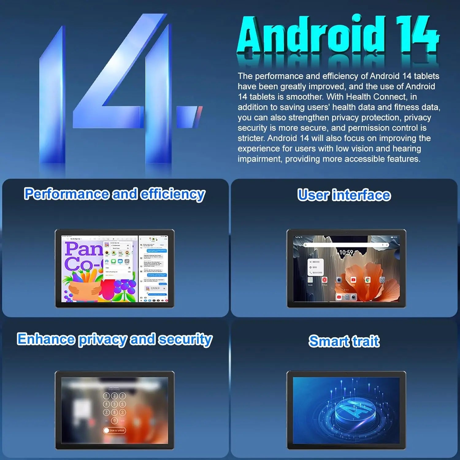 10.1 Inch Android 14 Tablet 8GB RAM+64GB ROM FHD IPS 8MP+5MP 5000mAh GMS Certification Widevine L1 Facciale ID OTG 5G+2.4G WiFi6