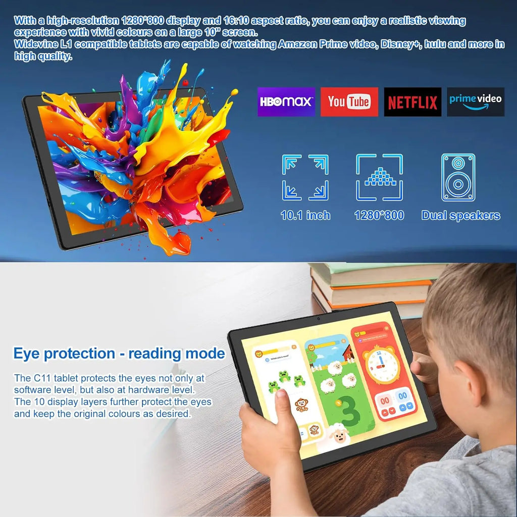 10.1 Inch Android 14 Tablet 8GB RAM+64GB ROM FHD IPS 8MP+5MP 5000mAh GMS Certification Widevine L1 Facciale ID OTG 5G+2.4G WiFi6