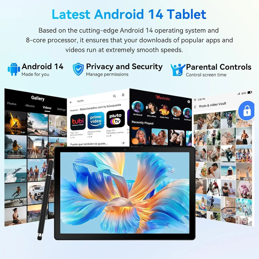 10Inch Tablet Android14 12GB RAM 64GB ROM Octa Core WiFi Dual Camera with Stylus Keyboard Mouse Headphones Case Computer PAD Set