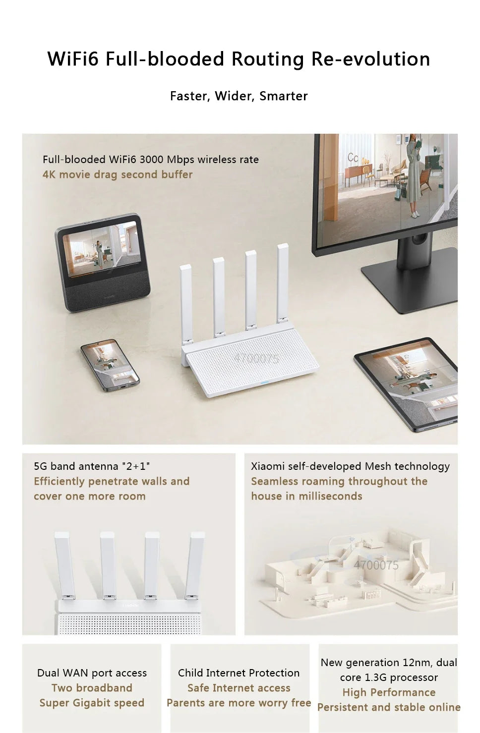 2024 NEW Original Xiaomi AX3000T Router 2.4GHz 5GHz 1.3GHz CPU 2X2 160MHz WAN LAN LED NFC Connection for Home Office Games Mi