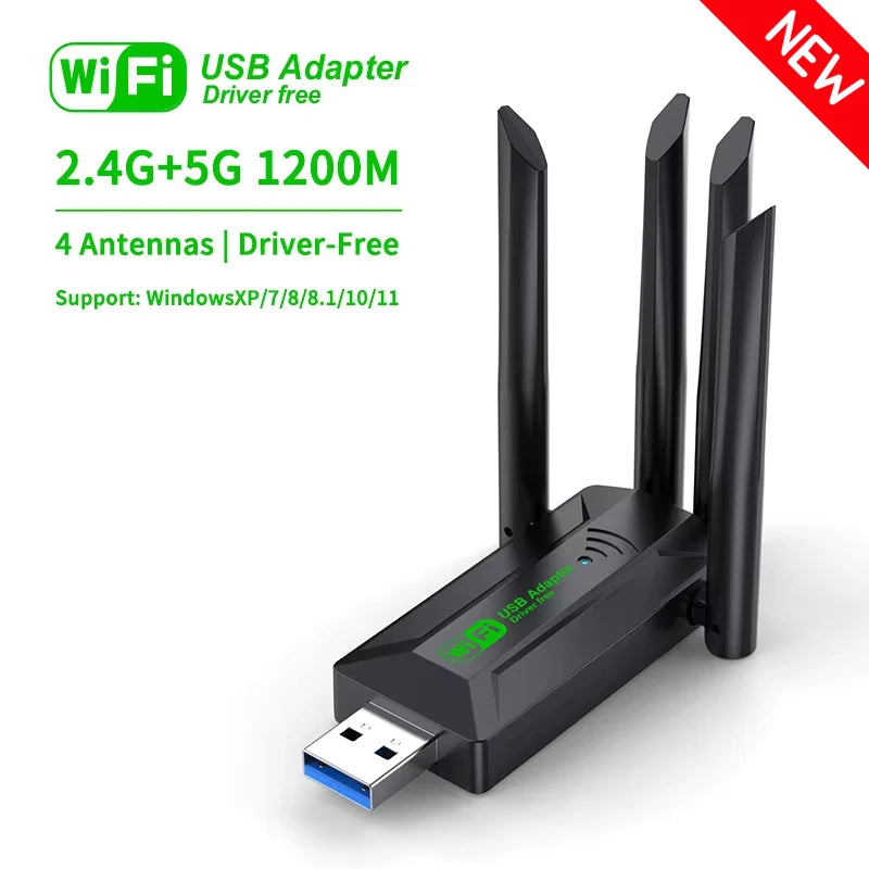 1200Mbps WiFi USB Adapter Dual Band 2.4G+5Ghz Wi-Fi Dongle 4 Antenna 802.11AC USB3.0 High-Speed Wireless Card Receiver PC/Laptop