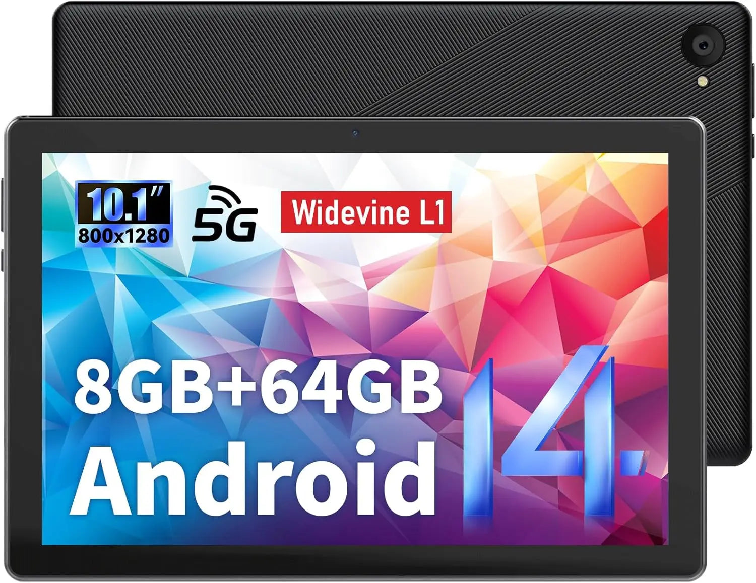 10.1 Inch Android 14 Tablet 8GB RAM+64GB ROM FHD IPS 8MP+5MP 5000mAh GMS Certification Widevine L1 Facciale ID OTG 5G+2.4G WiFi6