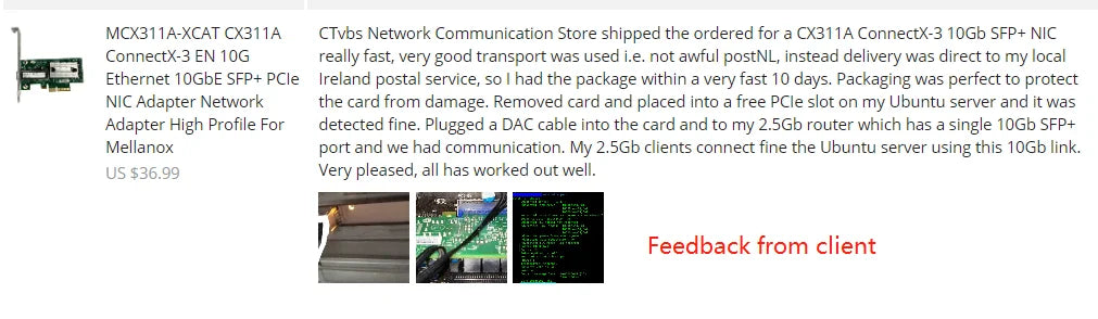 10G Ethernet PCIe NIC Mellanox ConnectX-3 MCX311A-XCAT CX311A EN 10G Ethernet 10GbE SFP+ PCIe NIC Adapter