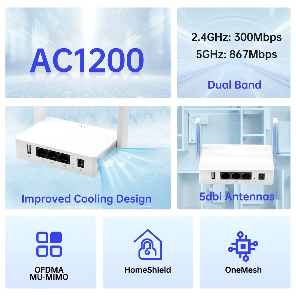 1200Mbps WiFi Repeater AC1200 WiFi Extender Amplifier 2.4G/5GHz Wi-Fi Signal Booster Long Range Network Access Point For Home