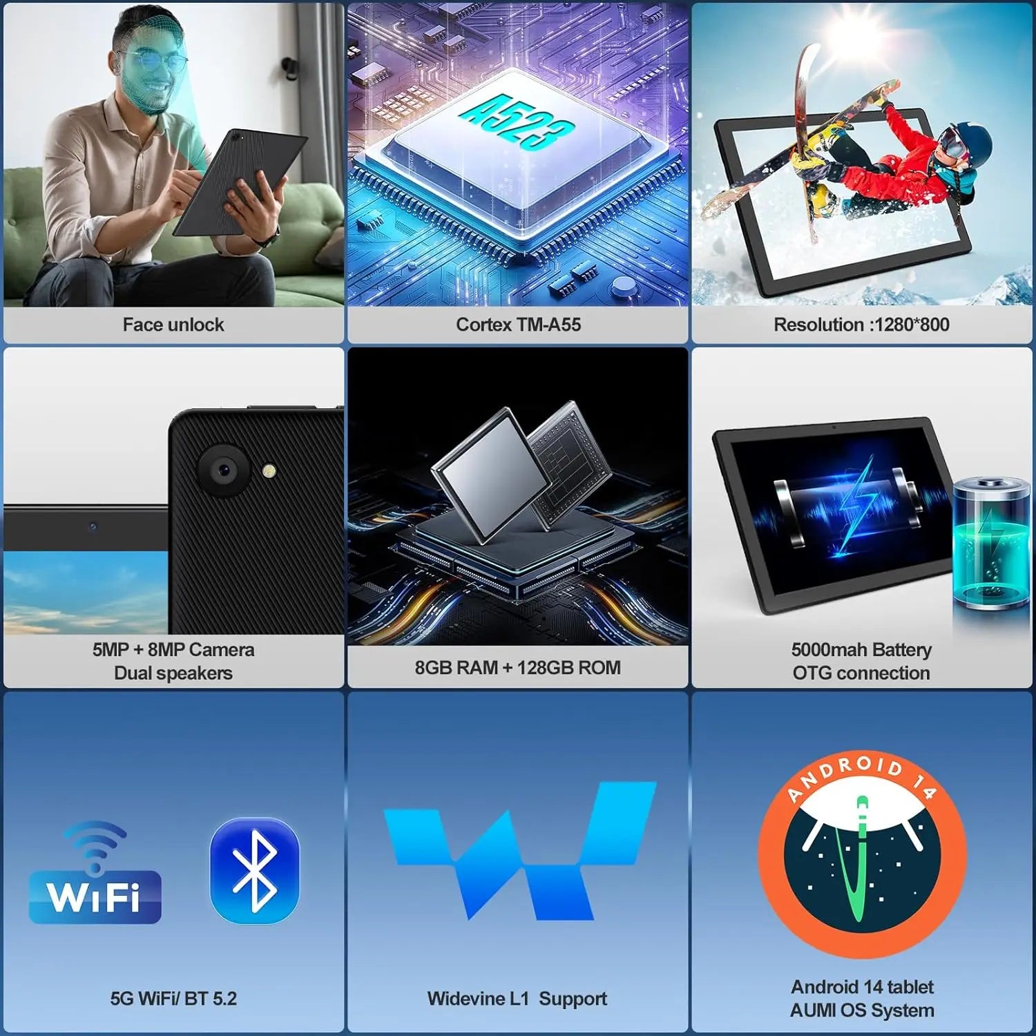 10.1 Inch Android 14 Tablet 8GB RAM+64GB ROM FHD IPS 8MP+5MP 5000mAh GMS Certification Widevine L1 Facciale ID OTG 5G+2.4G WiFi6