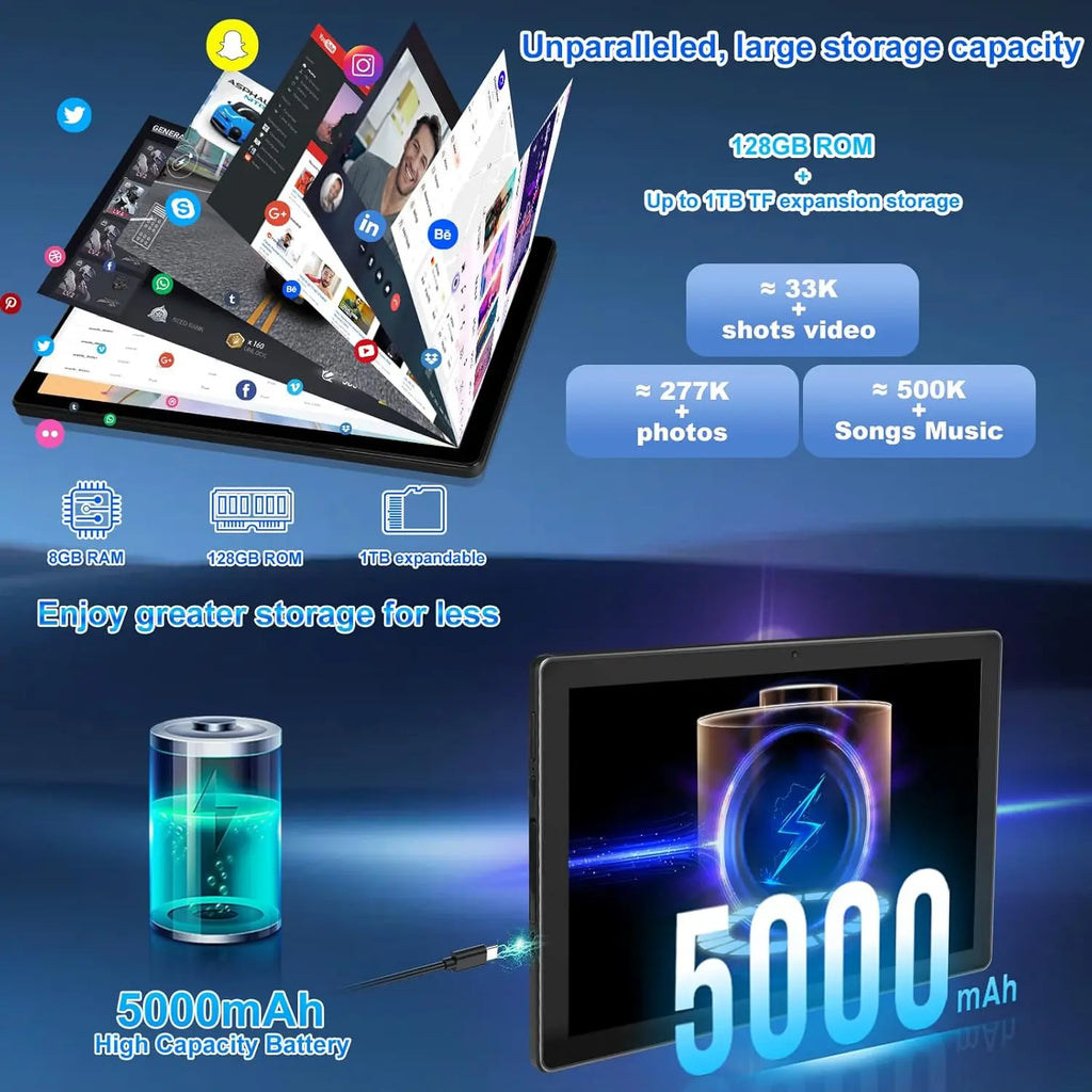 10.1 Inch Android 14 Tablet 8GB RAM+64GB ROM FHD IPS 8MP+5MP 5000mAh GMS Certification Widevine L1 Facciale ID OTG 5G+2.4G WiFi6