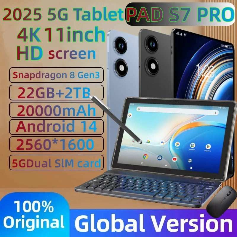 2025Global Version New Original PAD S7 PRO Tablet 11inch HD 4K Android 14 22GB+2T 20000mAh 5G Dual SIM GPS Bluetooth WiFi Tablet