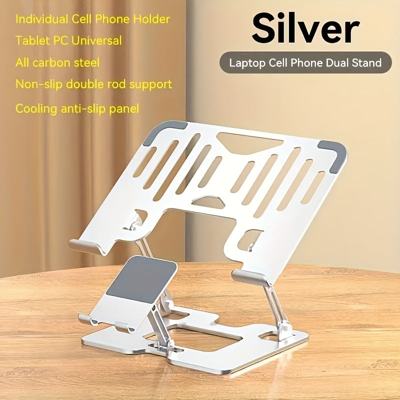2 In 1 Laptop Stand, With Phone Holder, Adjustable Steel Laptop Stand For Desk, Ergonomic Foldable Portable Desktop Laptoprise
