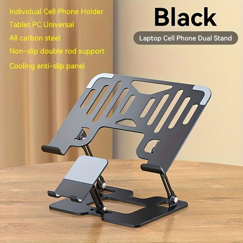 2 In 1 Laptop Stand, With Phone Holder, Adjustable Steel Laptop Stand For Desk, Ergonomic Foldable Portable Desktop Laptoprise